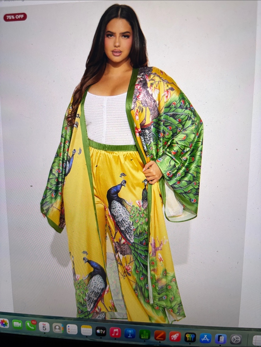 Fashion Nova Yellow Satin Wide-Leg Pants  and top with Green Peacock Print - Picture 2 of 4